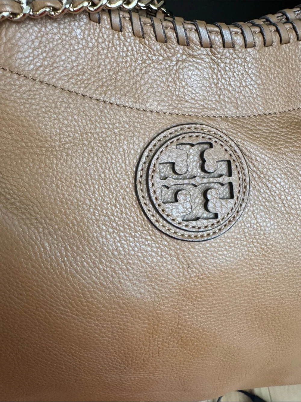 Tory Burch Tan Whipstitch Leather Shoulder Bag with Chain Straps